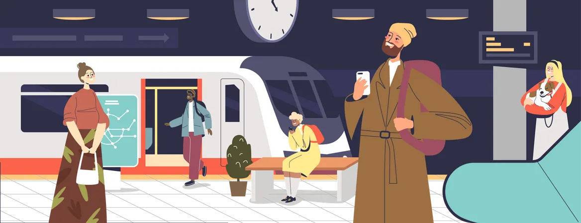 Passagers à la station de métro  Illustration