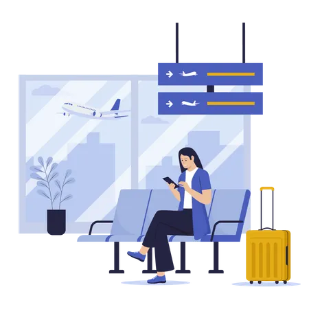 Passagers assis dans le terminal de l'aéroport en attente de vol  Illustration