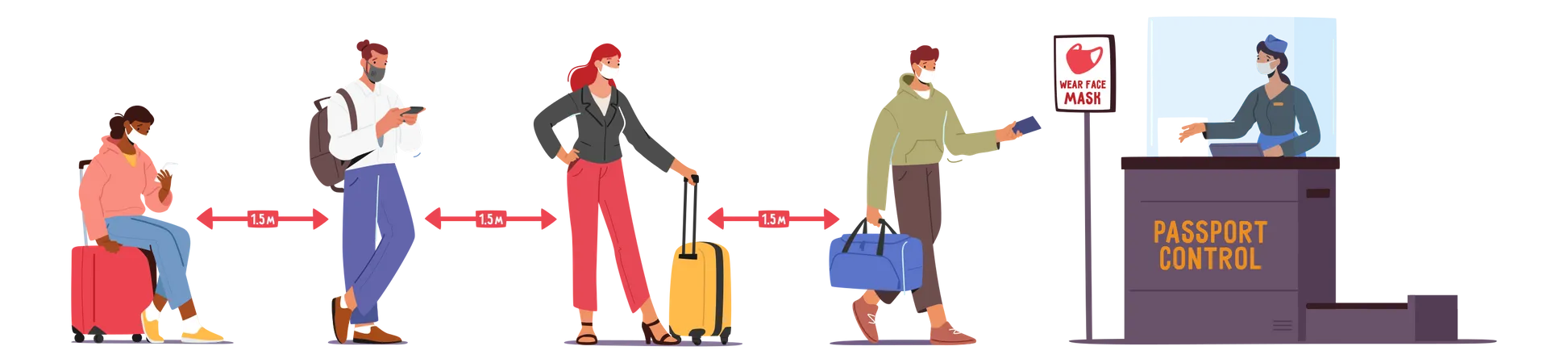 Passagers gardant une distance sociale à l’aéroport  Illustration