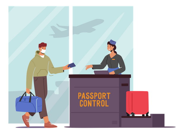 Passagier mit Maske beim Check-in am Flughafen  Illustration