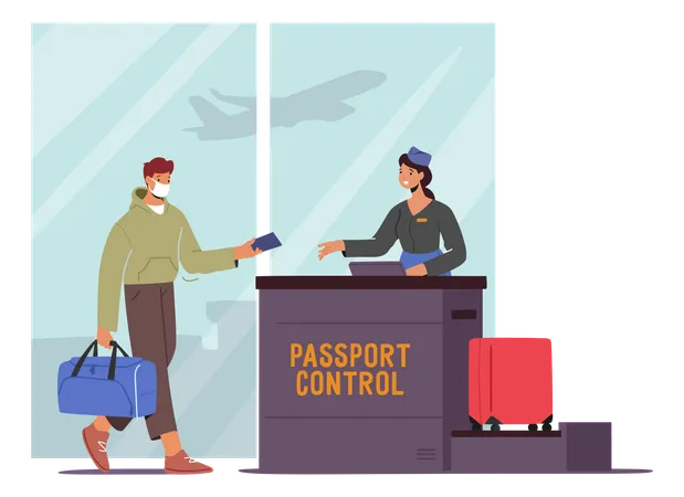 Passagier mit Maske beim Check-in am Flughafen  Illustration