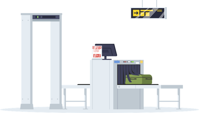 Empfang der Passagier-Sicherheitskontrolle mit Coronavirus-Warnung  Illustration