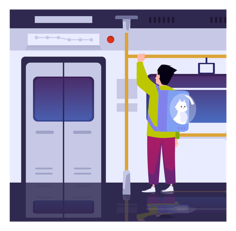 Passagiere mit Katze im Tragerucksack im Stadtbus oder in der U-Bahn, Haustierstadt  Illustration