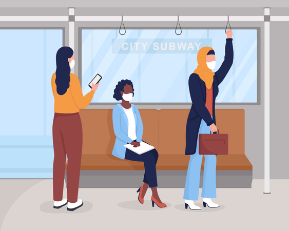 Passagiere mit Masken im öffentlichen Nahverkehr  Illustration