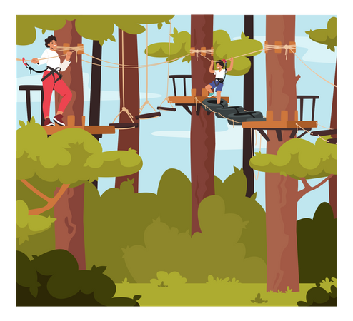 Un enfant dans un harnais de sécurité passe un obstacle de pont suspendu dans un parc de corde d'aventure  Illustration