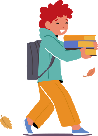 Criança anda com livros e mochila  Ilustração