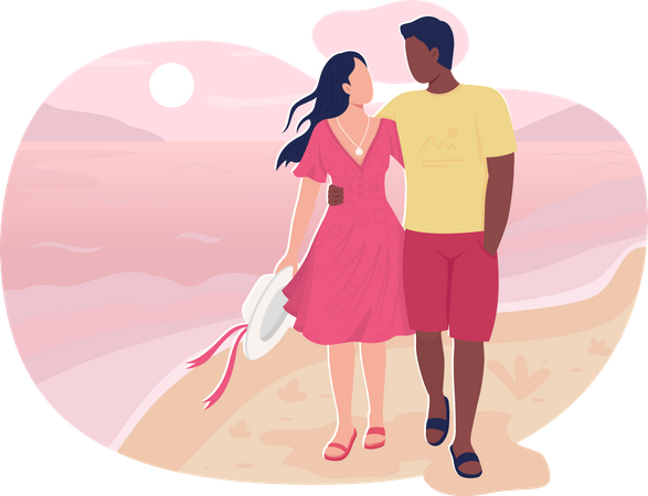 Namorado e namorada andam na praia  Ilustração