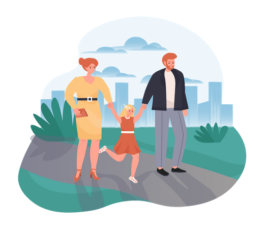 Família feliz caminhando pelo parque da cidade  Ilustração