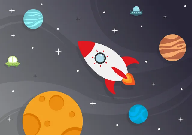 Astronauta Com Ilustracao De Fundo De Foguete Para Explorar No Espaco Sideral E Movimento Para Ver Estrelas Lua Planetas Ou Asteroides Ilustração