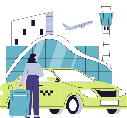 Passenger arriving by taxi at airport terminal  Illustration