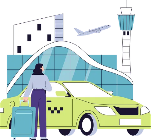 Passenger arriving by taxi at airport terminal  Illustration