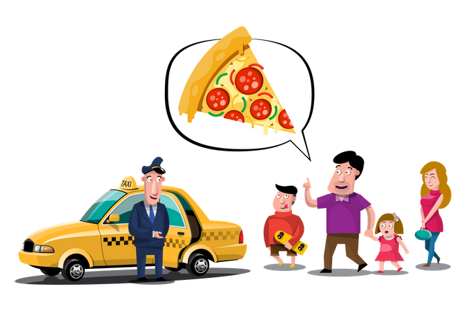 Passenger asking taxi driver to drop on pizza shop  Illustration