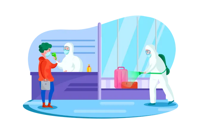 Passenger health check and disinfectant spraying at the airport Illustration