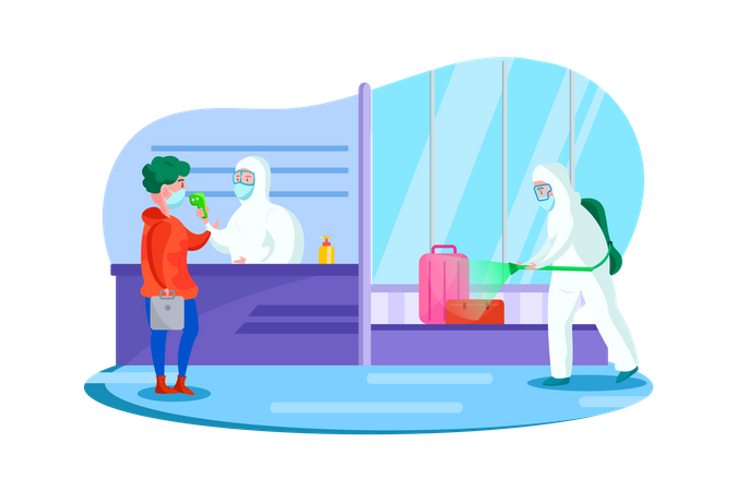 Passenger health check and disinfectant spraying at the airport  Illustration