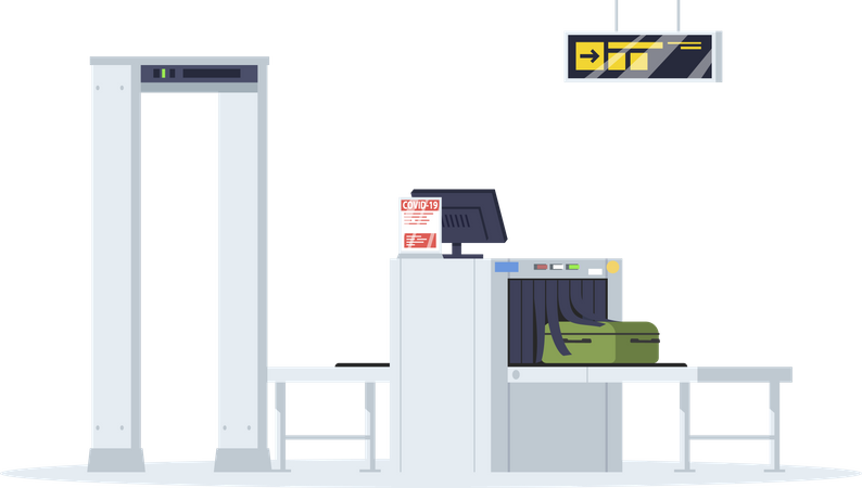 Passenger security control reception with coronavirus warning Illustration