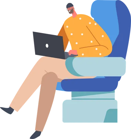 Young Man In Casual Wear Sit In Comfortable Airplane Seat And Working On Laptop Passenger Sitting In Plane Using Airline Transportation Service For Traveling Or Trip Cartoon Vector Illustration Illustration