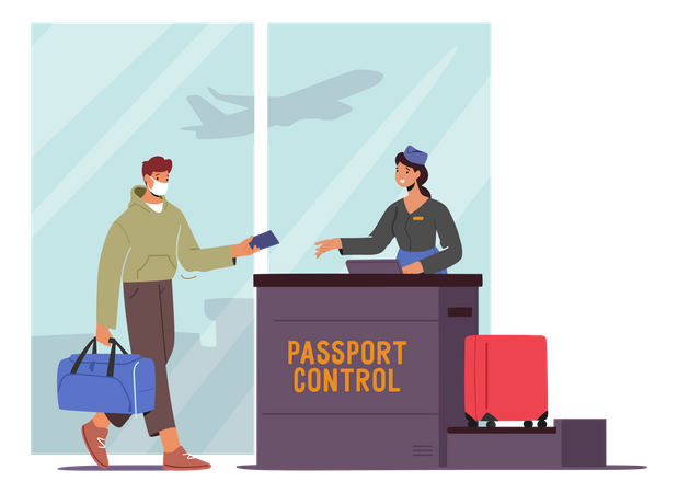 Passenger wearing mask checking at airport Illustration