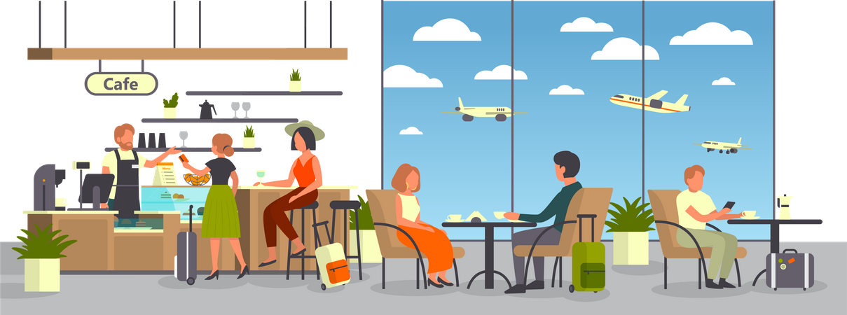 Passenger with baggage eating at airplane lounge  Illustration