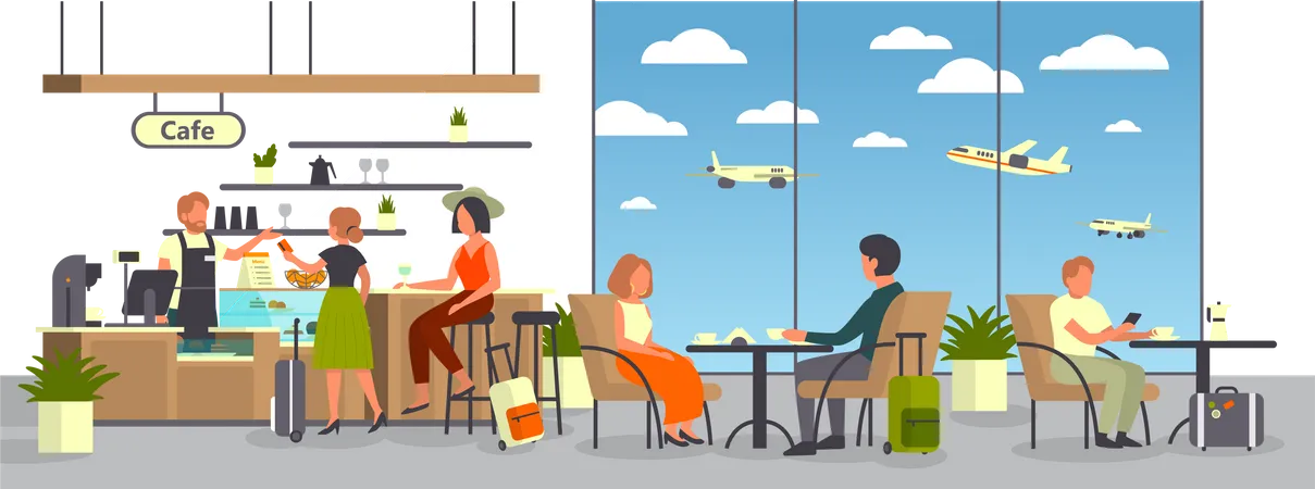 Passenger with baggage eating at airplane lounge  Illustration