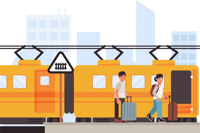 Illustration Of Passengers Boarding An Electric Train Designed To Increase The Use Of Public Transport This Artwork Is Ideal For Educational Materials Presentations Or Awareness Campaigns This Illustration Adds A Visual Dimension To The Public Transport Theme Illustration