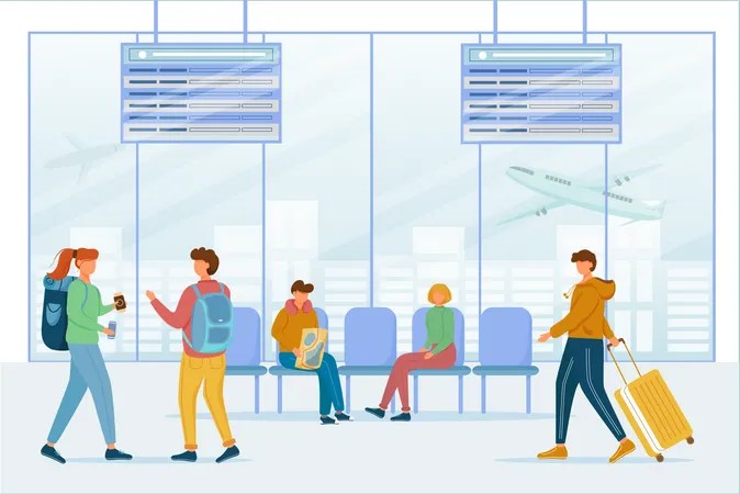 Passengers in airport lounge area Illustration