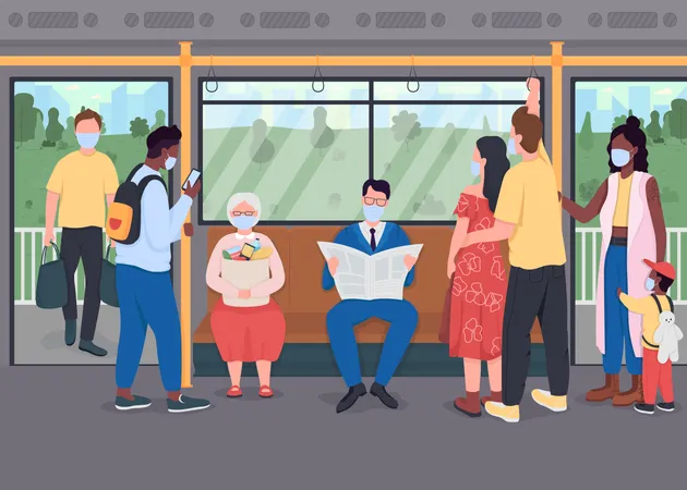 Passengers In Masks In Public Transport Flat Color Vector Illustration Healthcare During Lockdown Crowd During Pandemic 2 D Cartoon Characters With Transport Interior On Background Illustration
