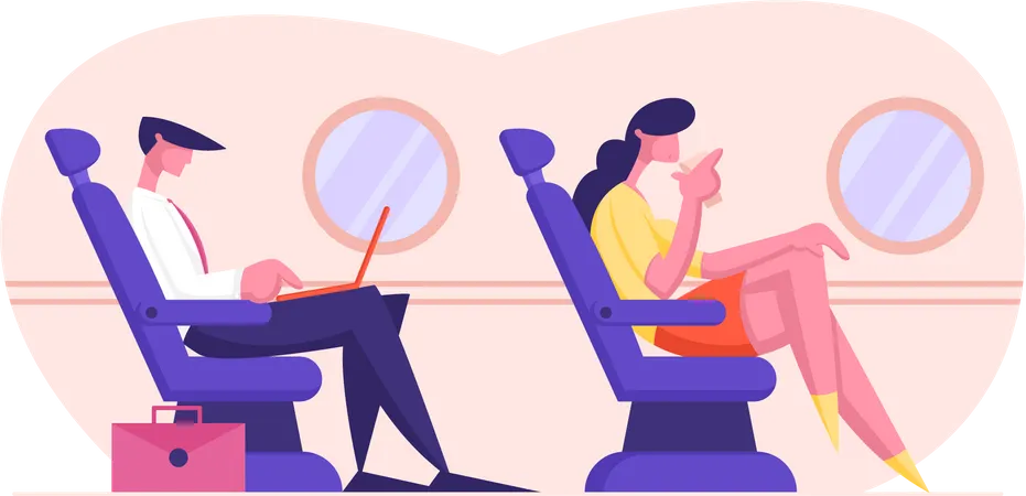 Young Business Man Sitting In Comfortable Airplane Seat And Working On Laptop Woman Drinking Beverage Passengers In Plane Airline Transportation Service Travel Cartoon Flat Vector Illustration Illustration
