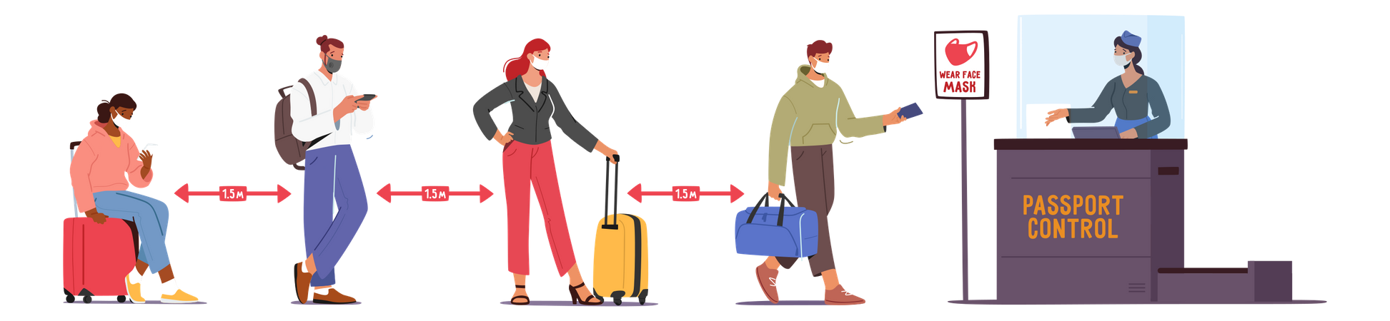 Passengers keeping social distancing at airport  Illustration