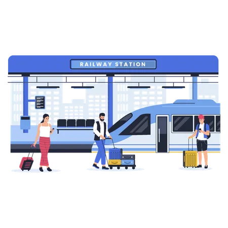 Passengers On Central Railroad Station Waiting Regional Or City Train Departure Illustration