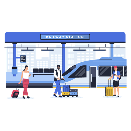 Passengers on central railroad station waiting train departure  Illustration