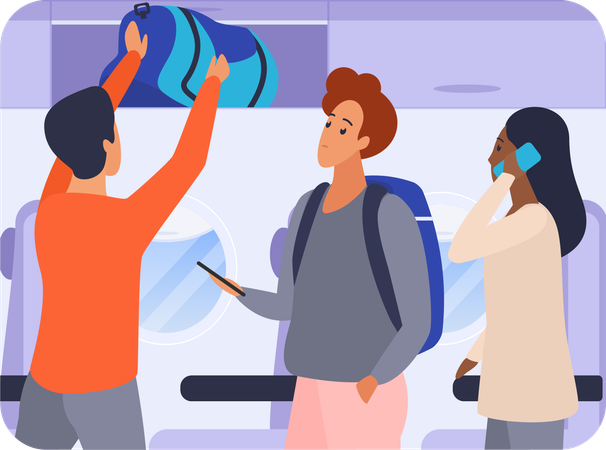 Passengers putting bag on flight  Illustration