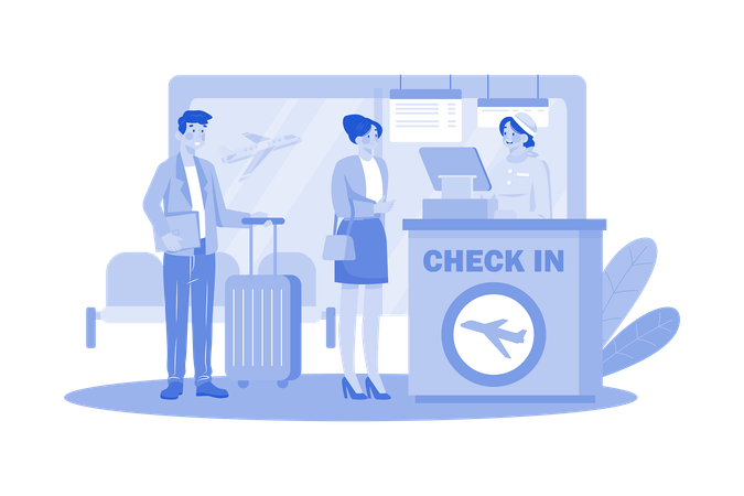 Passengers Stand In Line To Check In At The Airport  Illustration