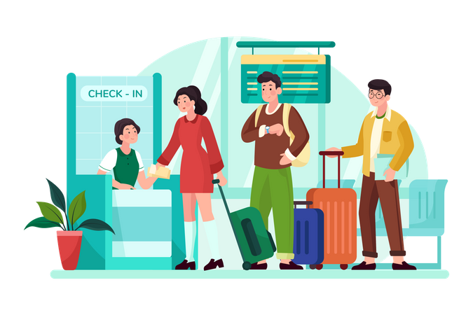 Passengers stand in line to check in at the airport Illustration