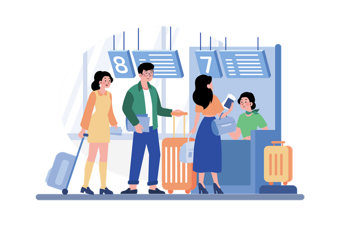 Passengers Stand In Line To Check In At The Airport  イラスト