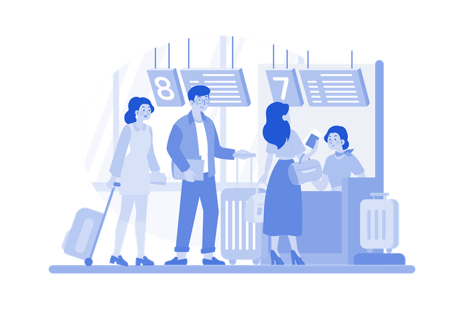 Passengers Stand In Line To Check In At The Airport  イラスト