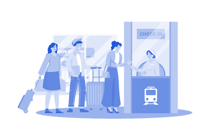 Passengers Stand In Line To Check In At The Train Station  Illustration