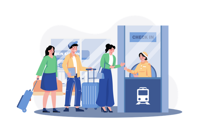 Passengers stand in line to check in at the train station Illustration