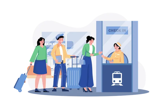 Passengers stand in line to check in at the train station  Illustration