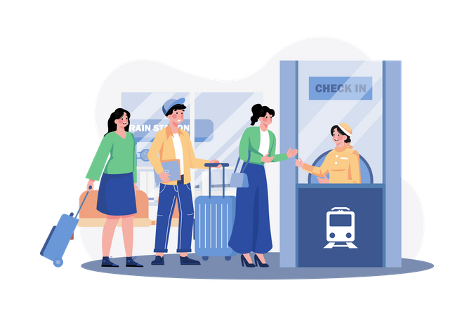 Passengers stand in line to check in at the train station  Illustration