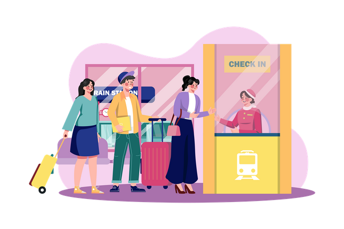Passengers stand in line to check in at the train station  Illustration