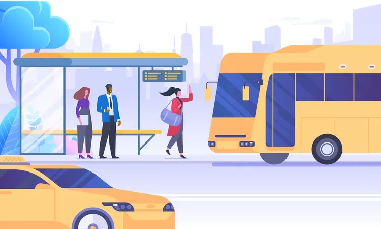 City Transportation Means Flat Vector Illustration People Waiting For Autobus Cartoon Characters Public Transport On Skyscrapers Background Passengers At Bus Stop Urban Infrastructure Illustration