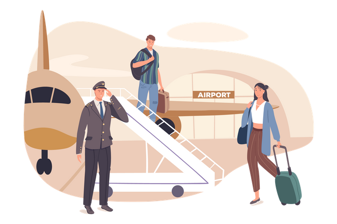 Passengers with suitcases go down ladder plane  Illustration