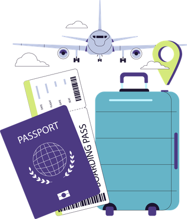 Passeport, carte d'embarquement et bagages préparés pour le prochain vol  Illustration