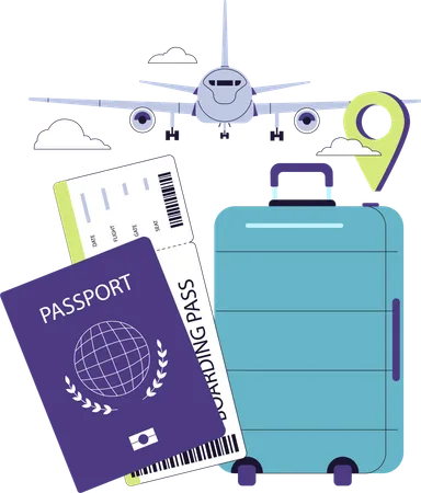 Passeport, carte d'embarquement et bagages préparés pour le prochain vol  Illustration