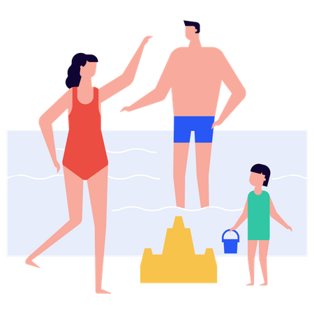 Famille passe du temps à la plage  Illustration