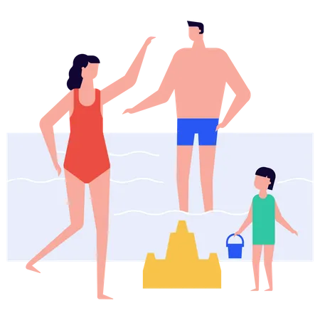 Famille passe du temps à la plage  Illustration