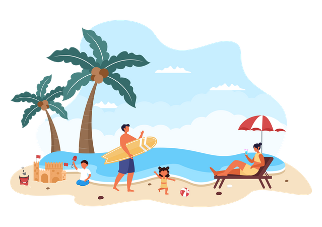 Famille passe du temps à la plage  Illustration