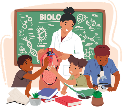 Passionate Biology Teacher Engages Curious Kids In Classroom  イラスト