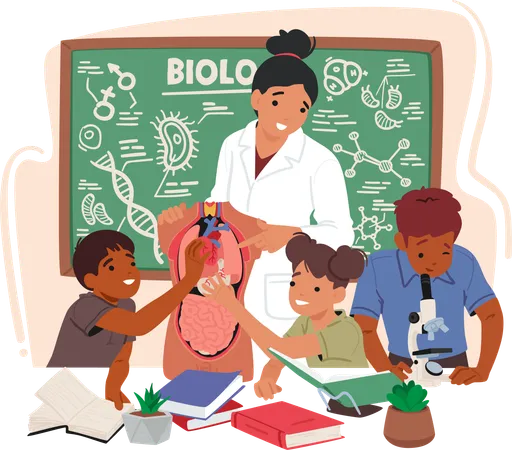 Passionate Biology Teacher Engages Curious Kids In Classroom Fostering A Love For Science As They Explore The Wonders Of Life Through Interactive Lessons And Hands On Experiments Vector Illustration Illustration