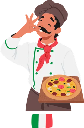 Passionate Italian Chef In Classic White Uniform And Tall Hat Skillfully Presents A Freshly Baked Pizza With Bubbling Cheese And Aromatic Toppings Embodying Culinary Excellence Vector Illustration Illustration